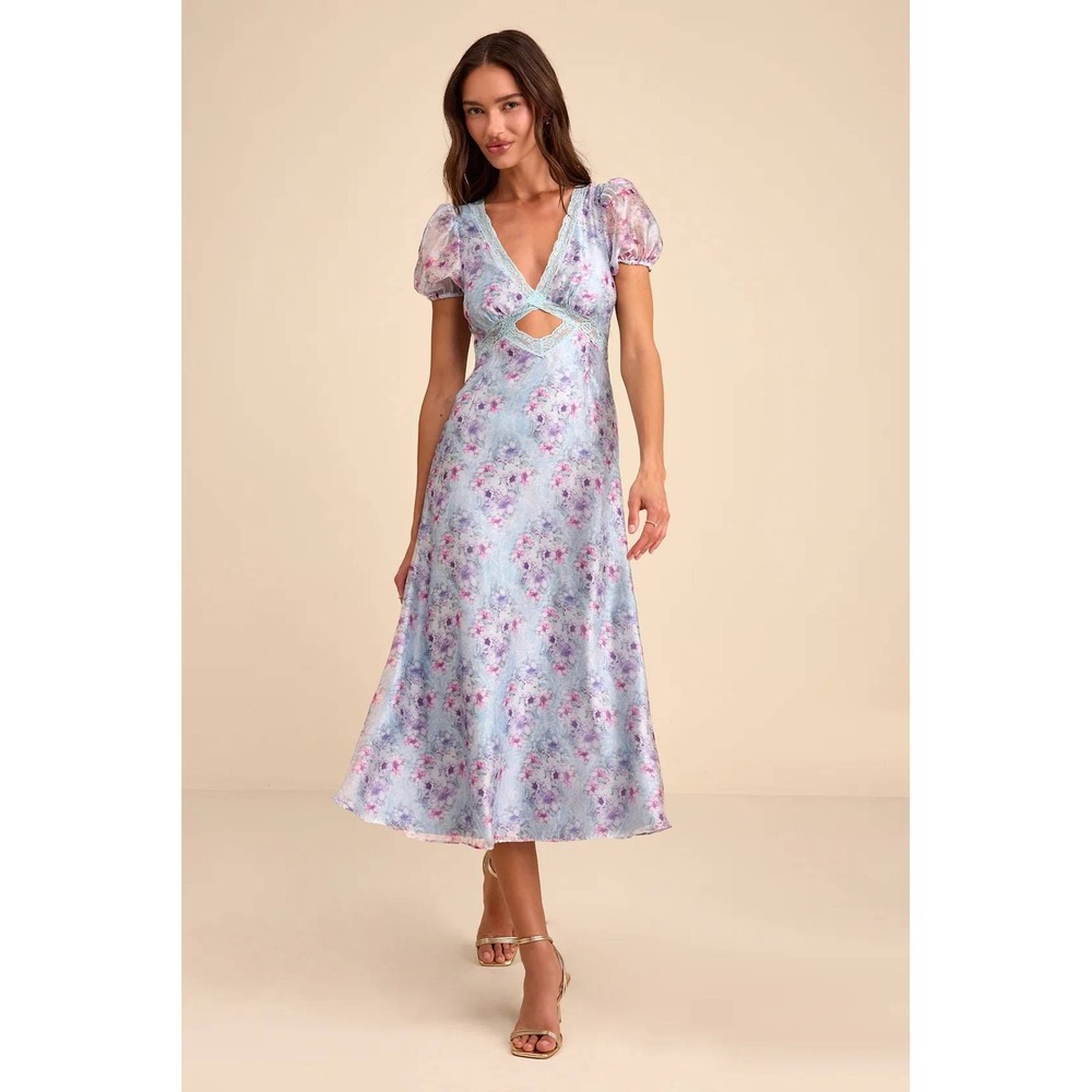 Lulu's Darcy Light Blue Floral Puff Sleeve Midi Dress Cutout Medium Romantic